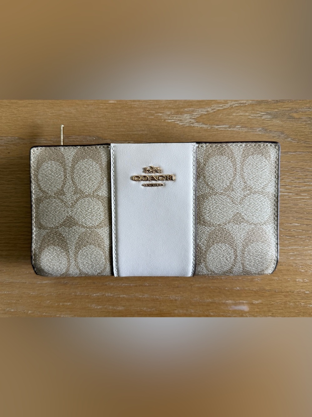 Coach Beige Signature Canvas wallet with White Leather Panel and Gold Logo